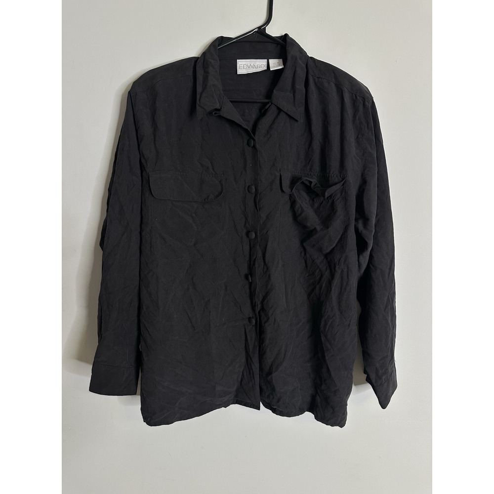 Edward Black Silk Long Sleeve Button Up Blouse Medium Solid Collared Shirt